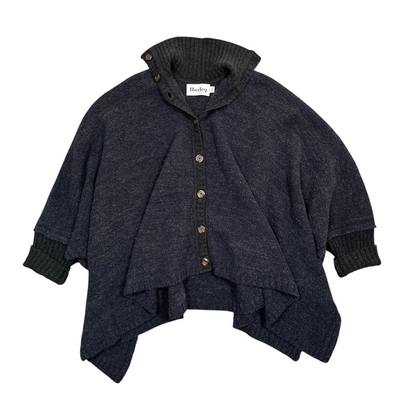 Harley of Scotland Boucle Wool Navy Gray Sleeved Poncho Cardigan Womens OS - Picture 1 of 13